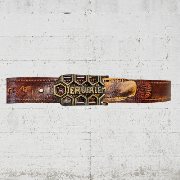 Vintage Jerusalem Pilgrim Tab Brown Embossed Leather Carved Brass Buckle Belt - Picture 1 of 5